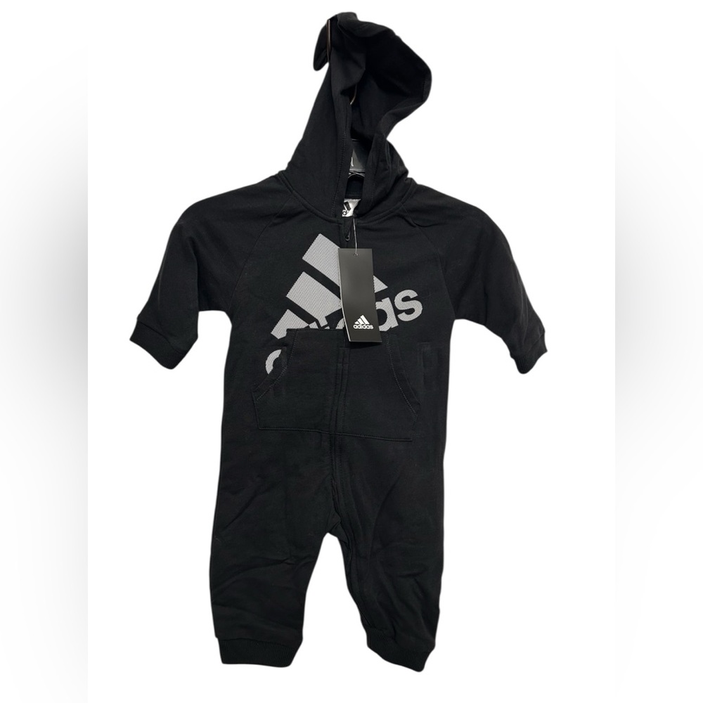 Adidas Black Hooded Romper, w/ White Logo  & Real Pockets |One Piece with Zipper